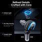 Black zinc-alloy car charger with blue ambient light around USB ports