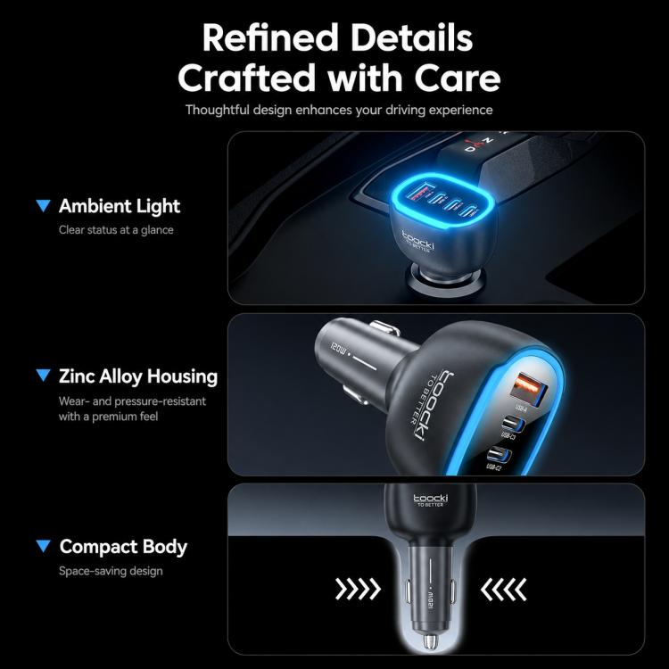 Black zinc-alloy car charger with blue ambient light around USB ports