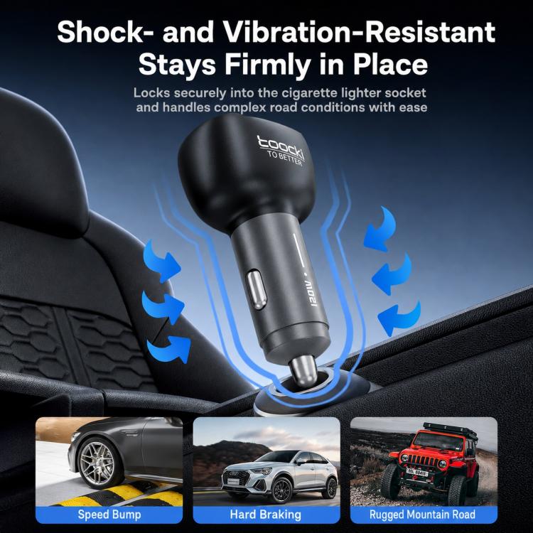 Black car charger plug with blue accent, shown secured for vibration resistance