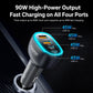 Black car charger with blue-lit ring and USB-C/USB-A ports