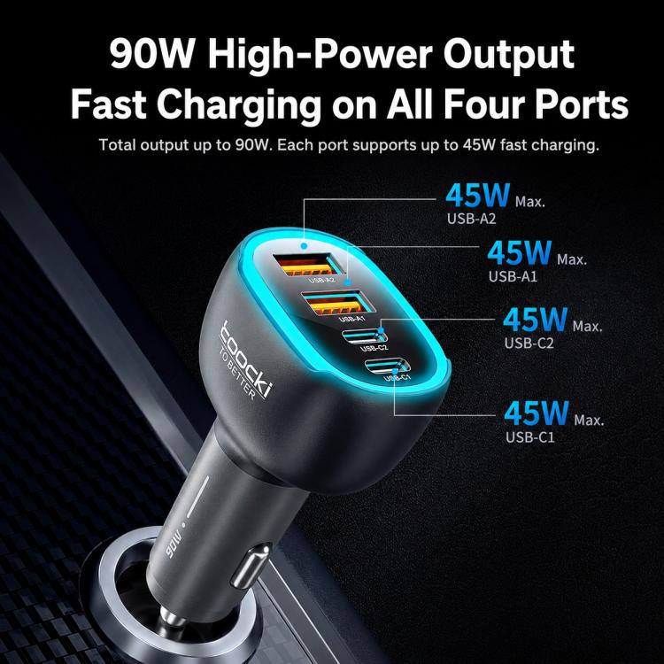 Black car charger with blue-lit ring and USB-C/USB-A ports