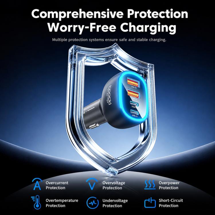 Black car charger with blue ambient ring, shown with protective shield