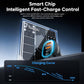 Black car charger with blue ring and visible USB ports, intelligent control