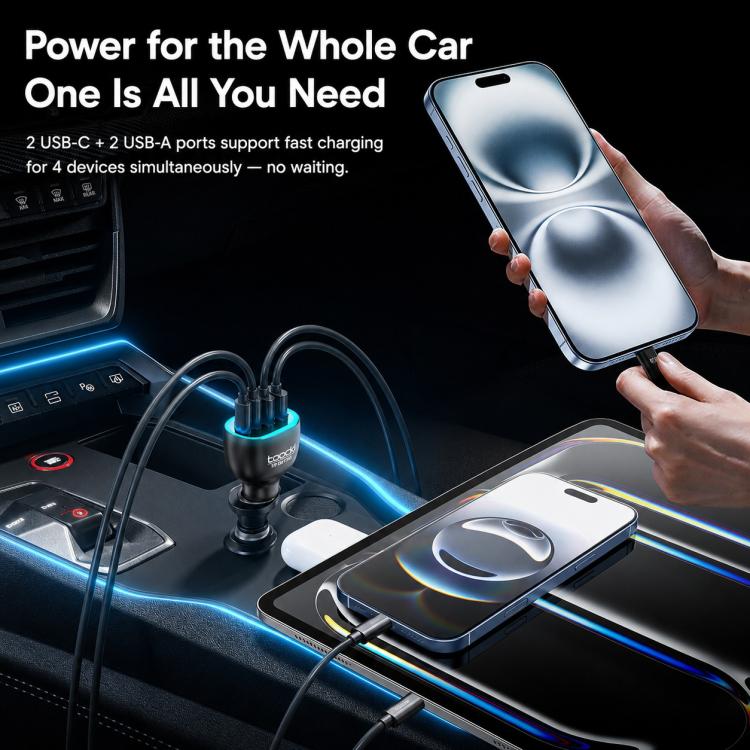 Black 4-port car charger with blue light ring in car cigarette lighter socket