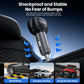 Black car charger with blue ambient light, secured in car socket