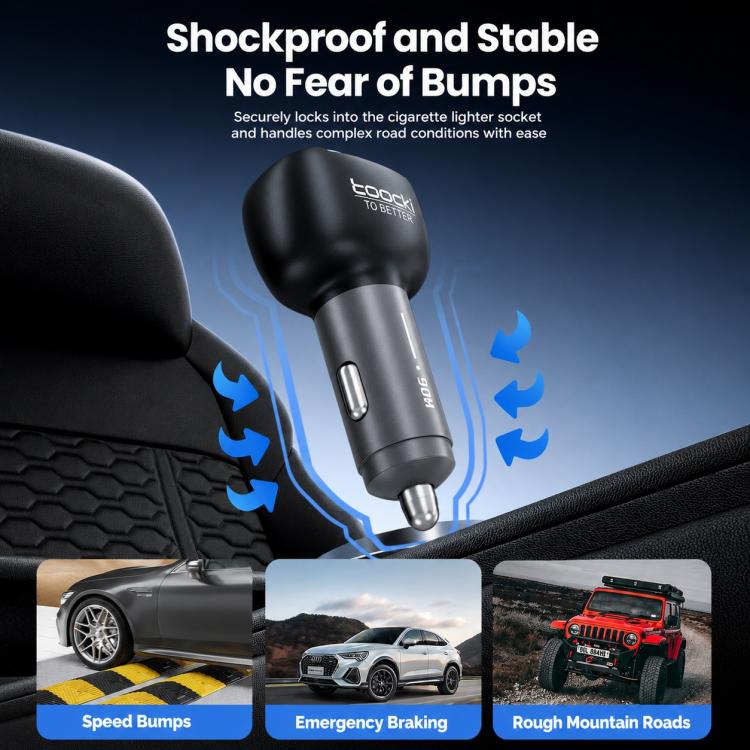 Black car charger with blue ambient light, secured in car socket