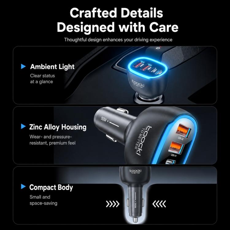 Black zinc alloy car charger with blue ambient light, compact metal body