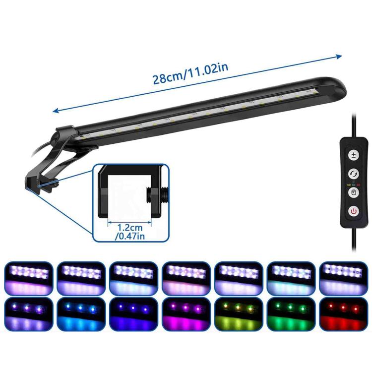 Clip-on aquarium LED light bar with controller, size marker, and LED color mode swatches