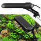 Clip-on aquarium LED light mounted on tank rim with black heat-sink base