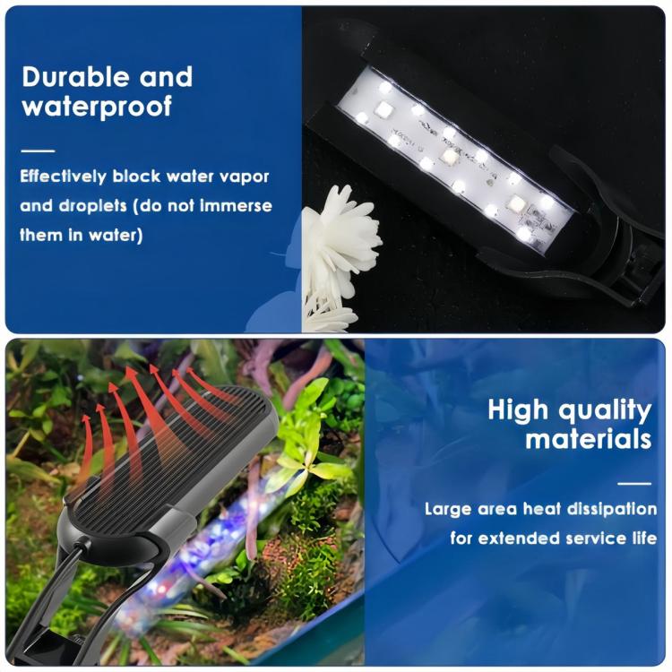 Black clip-on aquarium LED light with waterproof housing and heat-dissipation fins