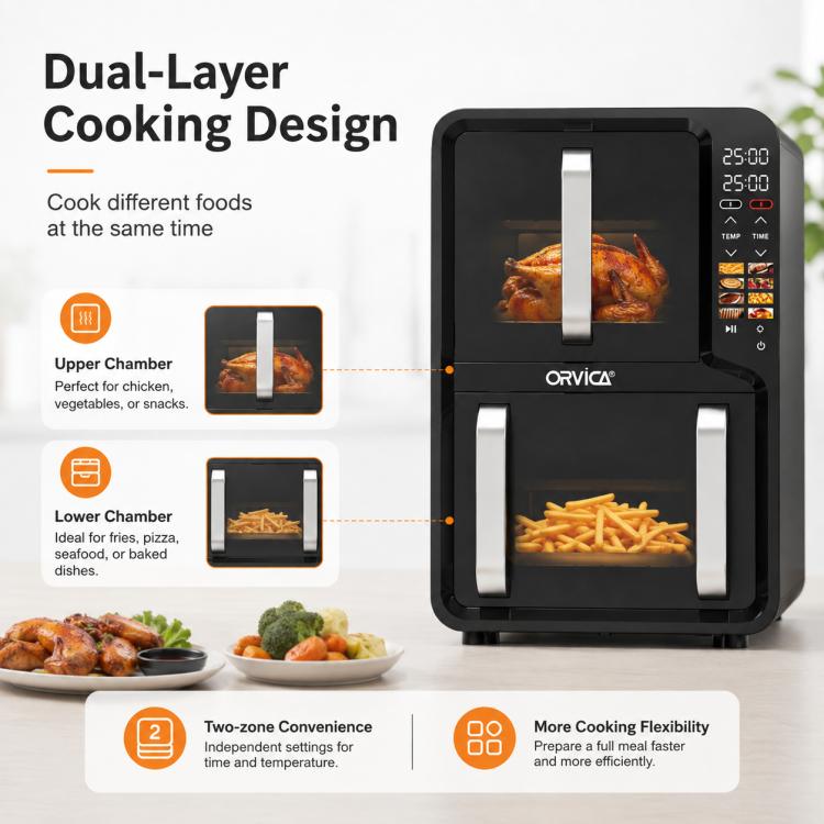 ORVICA ORM-8880 Double Drawer Large Capacity Air Fryer, EU Plug, US Plug, UK Plug, AU Plug
