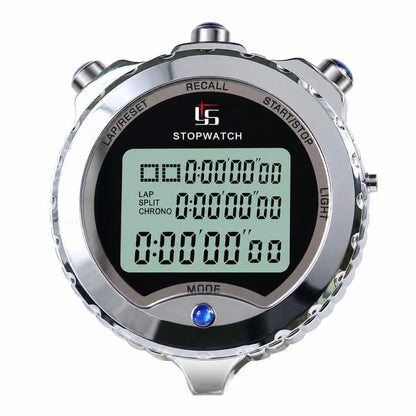 Silver metal stopwatch with black LCD and blue button, digital lap display visible
