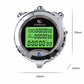 Silver sports stopwatch with green LCD digits, blue button centered below screen