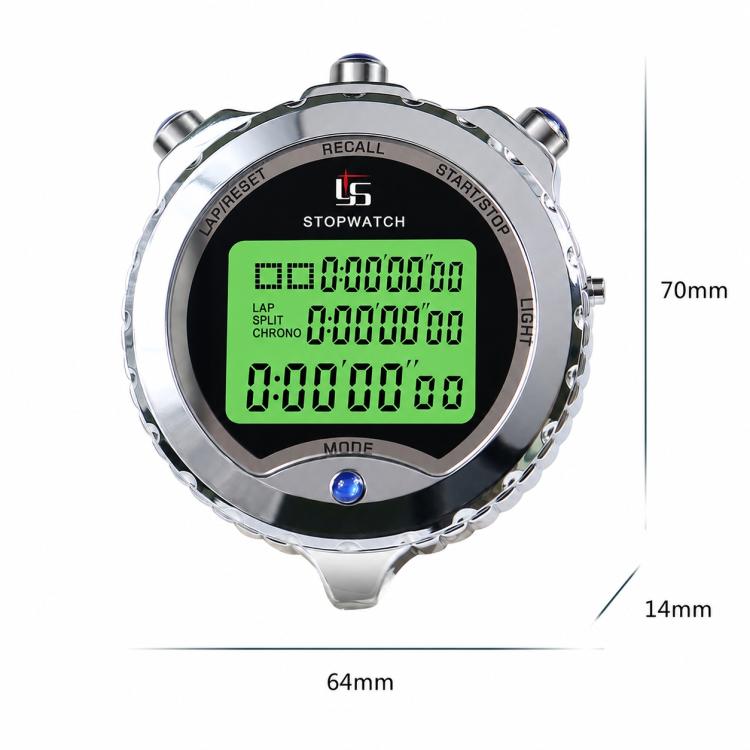 Silver sports stopwatch with green LCD digits, blue button centered below screen