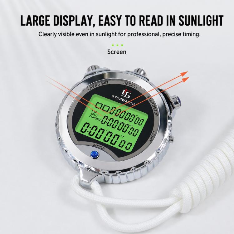 Silver stopwatch with bright green backlit LCD and white lanyard cord