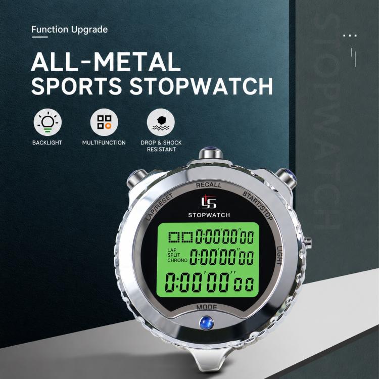 All-metal silver sports stopwatch with green digital display and blue control button