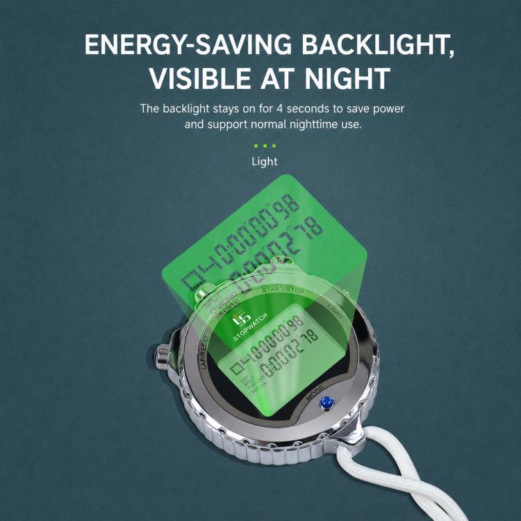 Silver stopwatch with green backlight screen and white lanyard cord