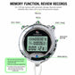 Silver stopwatch showing labeled controls, black LCD with timing digits