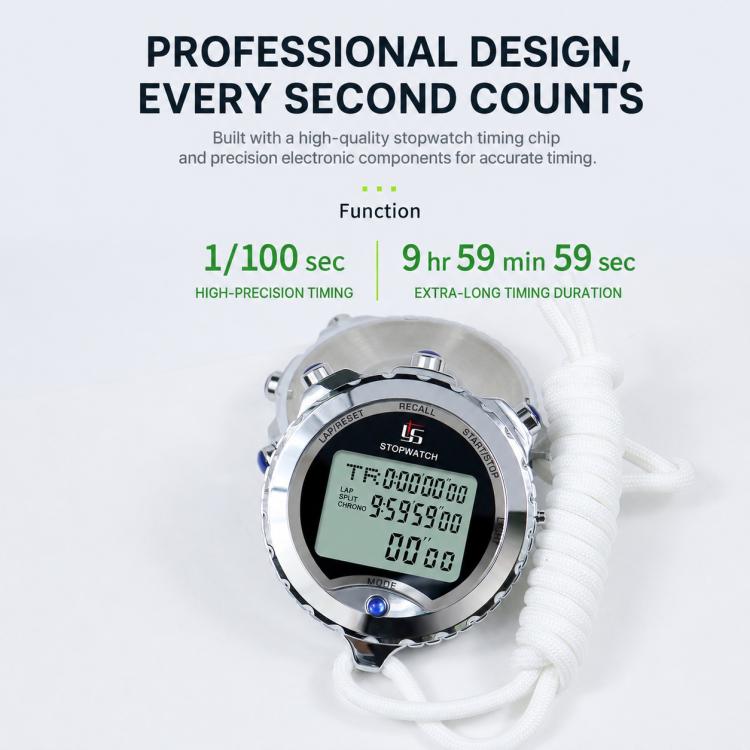 Silver sports stopwatch with black LCD and white coiled lanyard cord