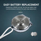 Silver stopwatch with rear battery cover and white cord, underside facing camera