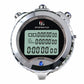 Silver metal stopwatch with black LCD, blue button, and digital lap time readout
