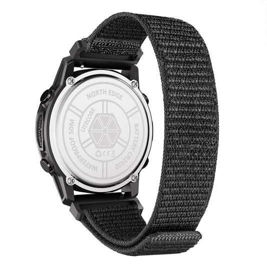 Men's waterproof sports watch back view with silver case and black strap