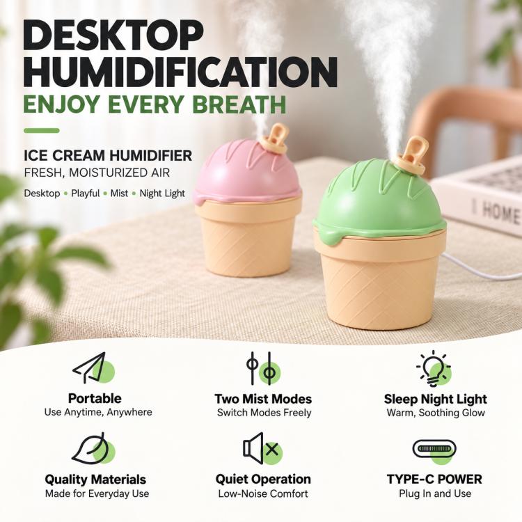 Ice Cream Shape Type-C Mini Desktop Night Light Humidifier, Water Tank Capacity: 150ml