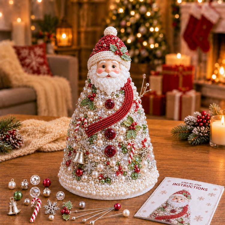 Beaded holiday Santa tree decoration with red-and-green cone and pearl bead detailing