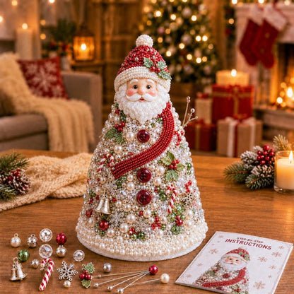 Beaded holiday Santa tree decoration with red-and-green cone and pearl bead detailing