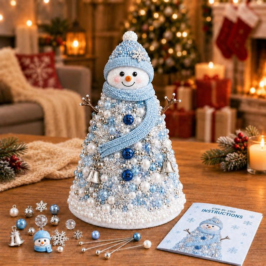 Beaded holiday snowman tree decoration with blue cone, pearl beads, and blue accents