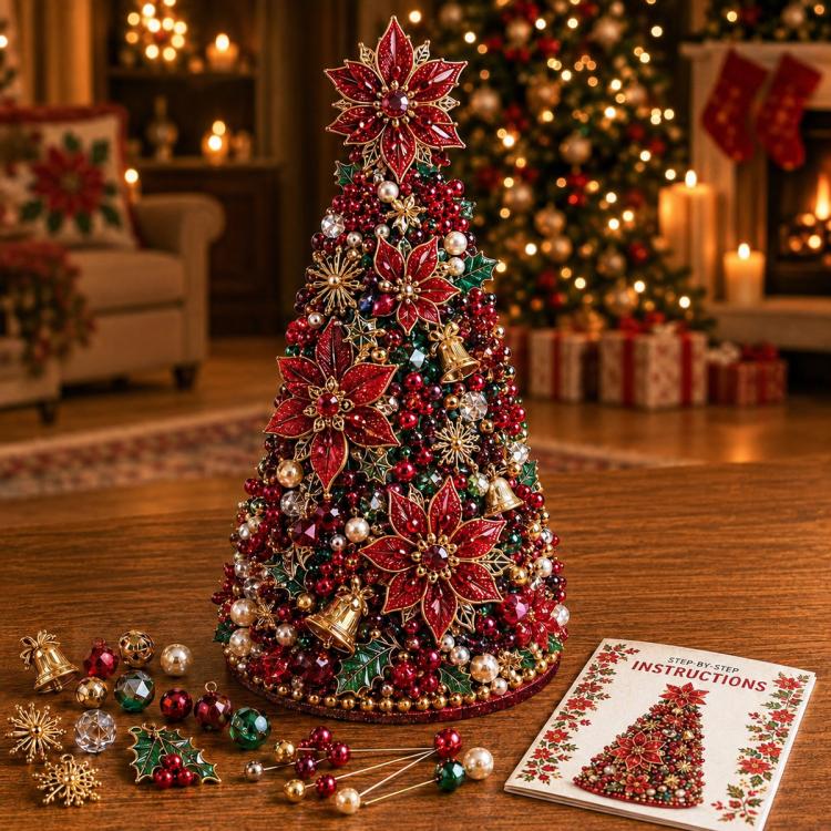 Beaded Christmas tree decoration with red poinsettia-style accents and pearl bead details