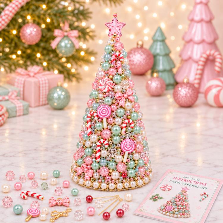 Beaded candy-themed holiday tree decoration with pink and pastel pearl bead sprinkles