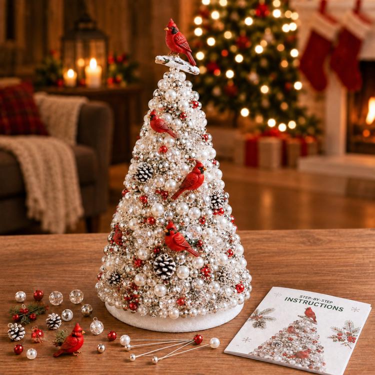 Beaded holiday tree decoration with red bird accents on a white pearl bead cone
