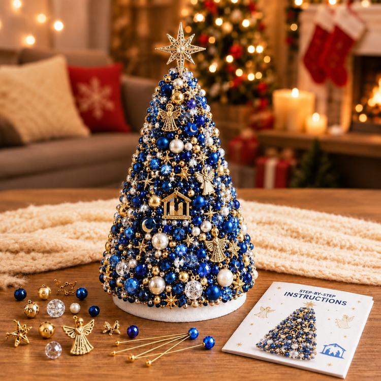 Beaded blue night holiday tree decoration with gold star accents and deep-blue pearl beads