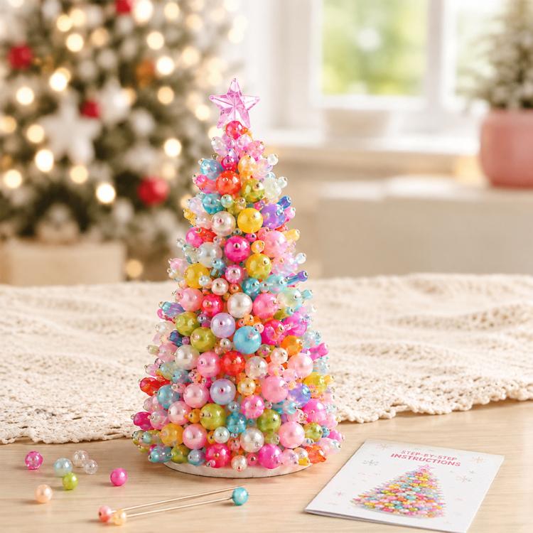 Beaded rainbow holiday tree decoration with multi-color pearl beads and star topper