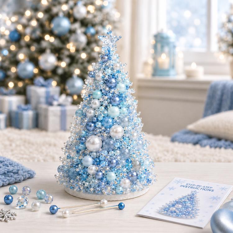 Blue beaded tree craft kit with star topper, pearl beads, and instruction booklet