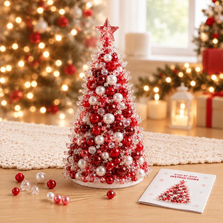 Red beaded tree craft kit with star topper, pearl beads, and instruction booklet