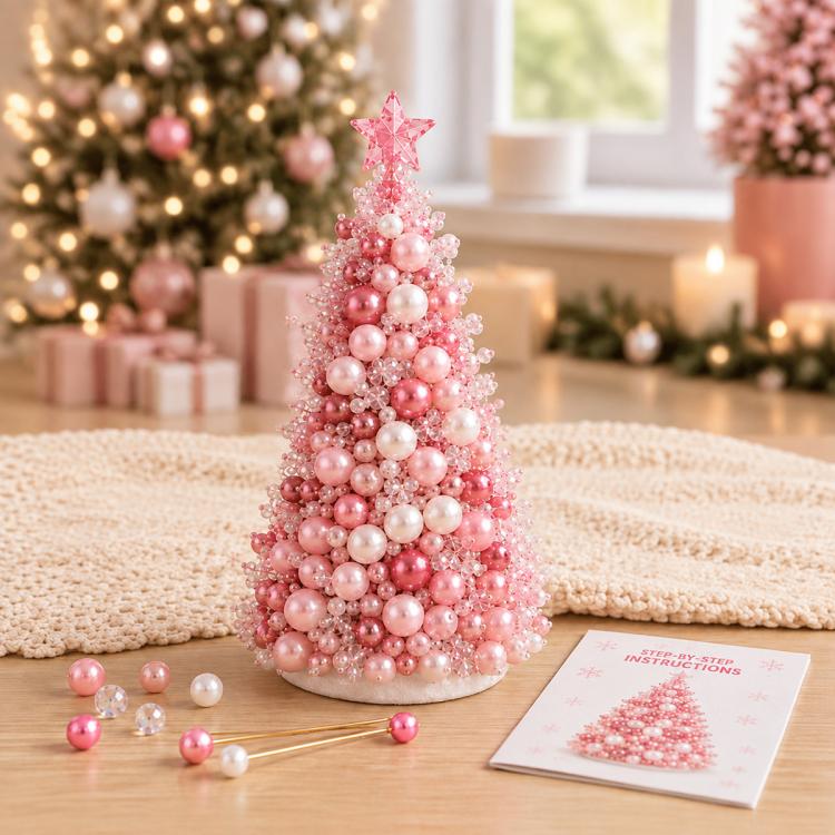 Pink beaded tree craft kit with star topper, pearl beads, and instruction booklet