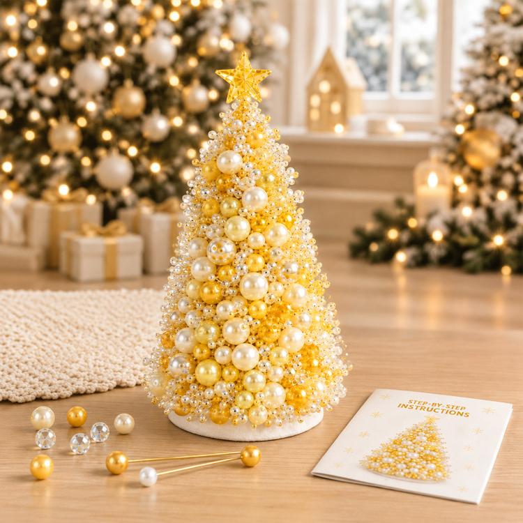 Gold beaded tree craft kit with star topper, pearl beads, and instruction booklet