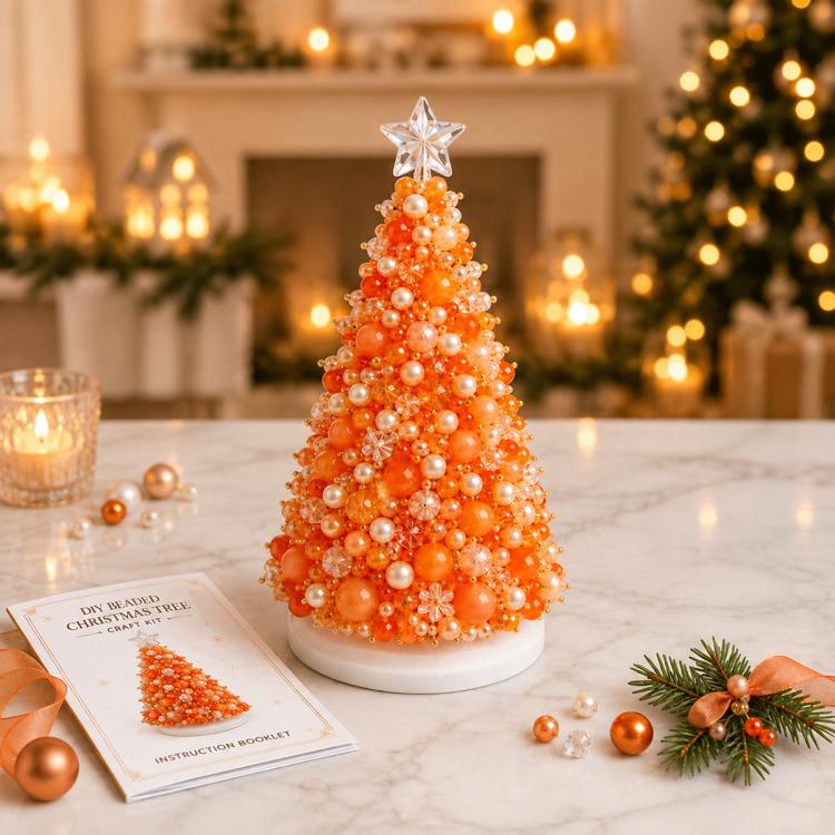 Orange beaded tree craft kit with star topper, pearl beads, and instruction booklet