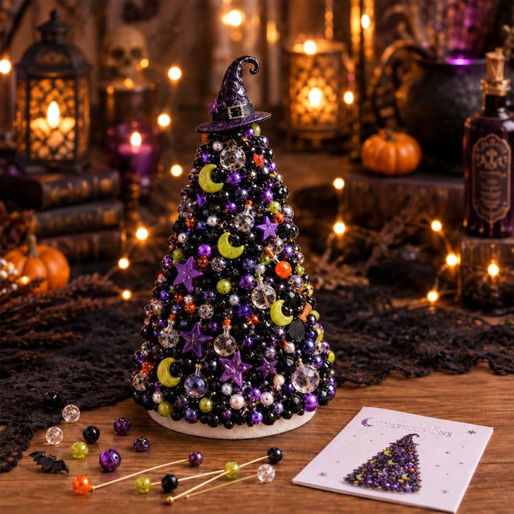 Halloween beaded tree craft kit with witch hat topper, moon charms, and instruction booklet