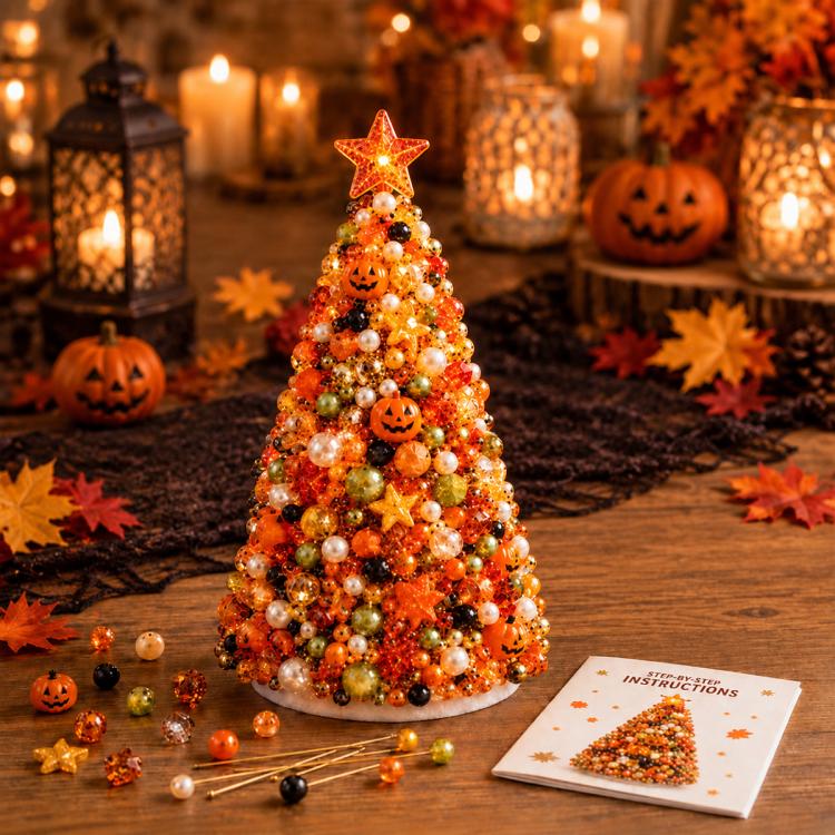 Halloween beaded tree craft kit with orange star topper, jack-o'-lantern beads, booklet