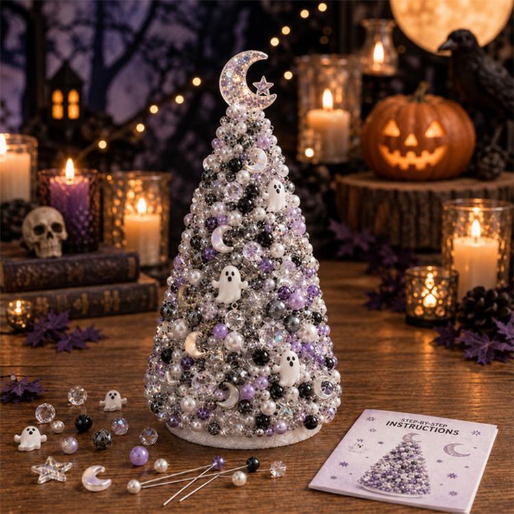Halloween beaded tree craft kit with moon-and-ghost topper, star beads, instruction booklet