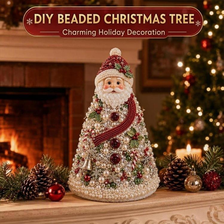 Red and white beaded Santa Claus Christmas tree craft decoration with pearl beads