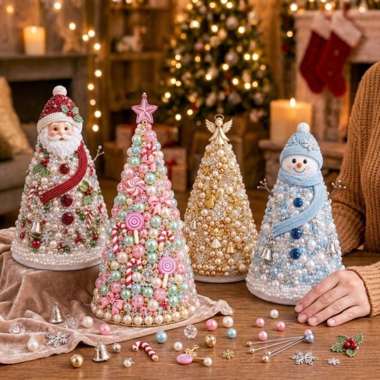 Three beaded holiday tree craft decorations: red Santa, pink swirl, and blue snowman
