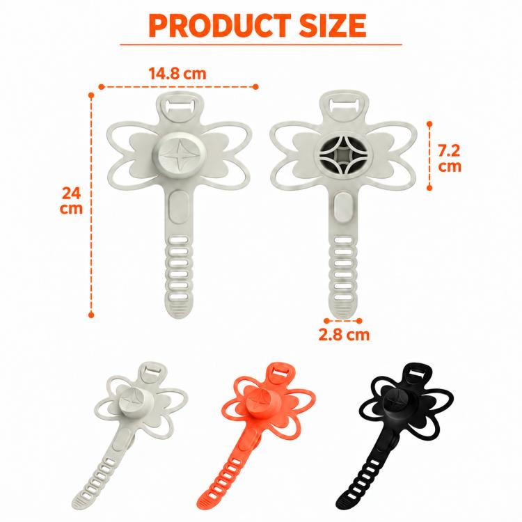 Light gray silicone phone mount size diagram with flower base and spring strap