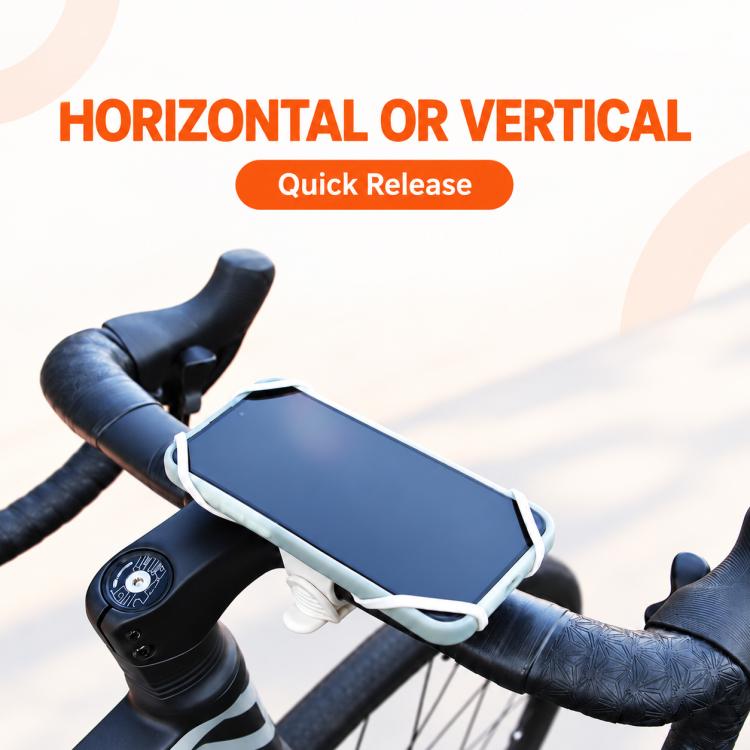 Black silicone bike phone mount with quick-release holder on handlebars