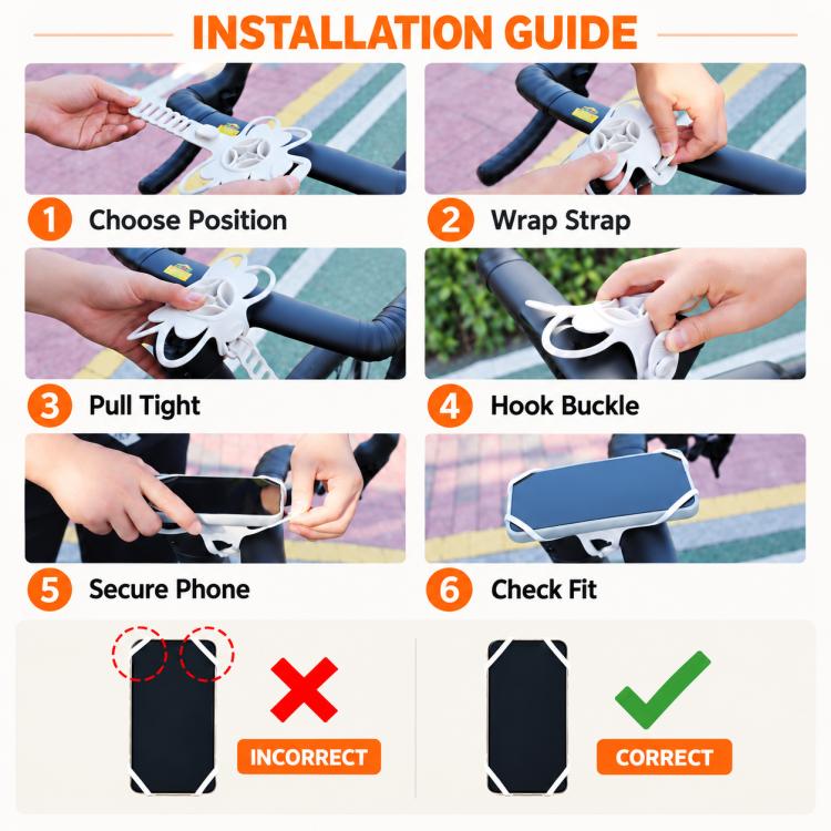Silicone phone mount installation guide showing strap wrap and hook buckle