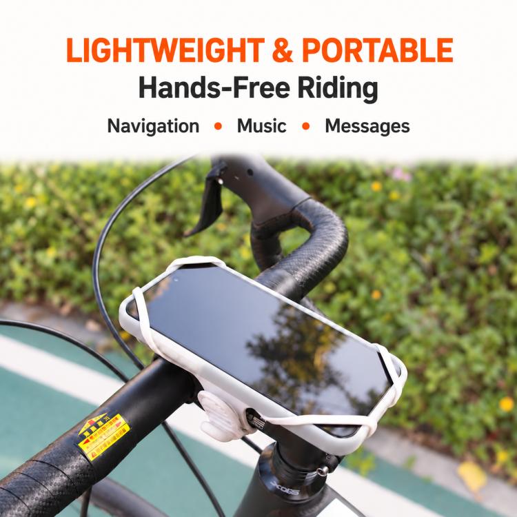 White silicone phone mount secured to bike handlebar for hands-free viewing