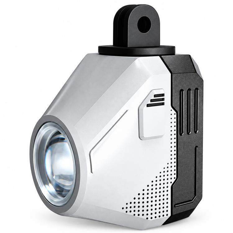 White and black cutoff beam bike light with front LED lens and top mounting bracket